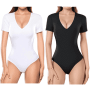 MLDRA Bodysuit Tummy Control Deep V Neck Short Sleeve Body Suit Tops Bodysuits for Women 2 Pack Black and White